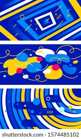 Vector set of creative abstract illustration with geometric shape on blue background. Flat style design of abstraction with bright color elements for web, site, social media banner