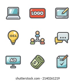 Vector Set of Creative Agency Icons. Computer, Logo, Graphics Tablet, Idea, Focus group, Discussion, Billboard, Royaltie, Technical Task.