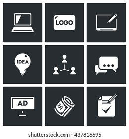 Vector Set Of Creative Agency Icons. Computer, Logo, Graphics Tablet, Idea, Focus Group, Discussion, Billboard, Royaltie. Employment Branding To Build Customer Advertising Campaign The Company.