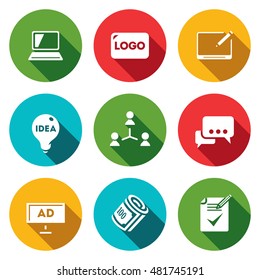 Vector Set of Creative Agency Icons. Computer, Logo, Graphics Tablet, Idea, Focus group, Discussion, Billboard, Royaltie, Technical Task.