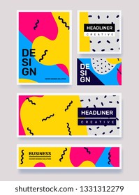 Vector set of creative bright abstract different retro illustration in frame with shape. Business abstraction flat style background with header. Template composition web, site, banner, print design