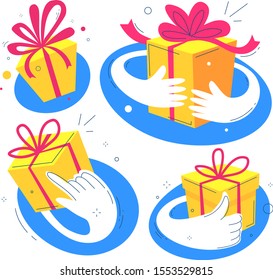 Vector set of creative bright holiday illustration of hands with yellow color gift box with red bow on white background. Flat style birthday design with present for web, site, banner, card, email