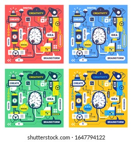 Vector set of creative business illustration of thought process. Mechanism of work brain center with tag word on color background. Flat line art style hand draw design of human brain device connected