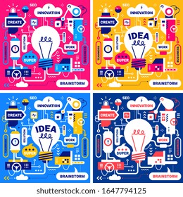 Vector set of creative business illustration of mechanism of work light bulb with tag word on color background. Flat line art hand draw idea design of thought process for web, site, banner, poster