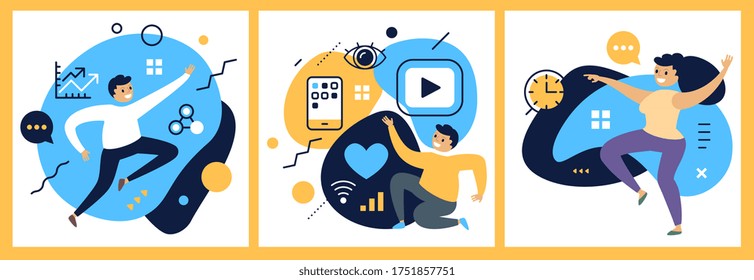 Conjunto de vectores de la creativa ilustración empresarial de un hombre y una mujer exitosos feliz con un icono en el fondo de color. Administrador de proyectos de Office. Diseño de estilo plano para gente de trabajo para web, sitio, afiche, banner