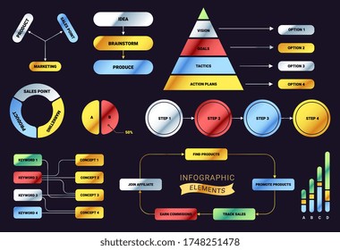 Vector set of creative business metal color shine infographic element on black background. Flat line art style illustration design of infographics for business presentation, annual financial report