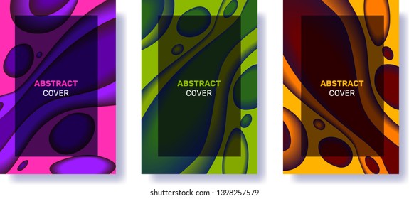 Vector set of creative color 3d abstract background. Carving art concept with paper cut shapes, frame, hole. Template composition layout design for web, vertical banner, poster, business presentation