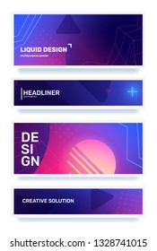 Vector set of creative color abstract horizontal retro illustration in frame with shape, neon, star, grid. Business gradient abstraction background with header. Template composition banner design