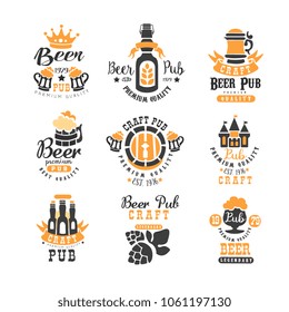 Vector set of creative emblems for beer pub, bar or brewing company. Alcoholic beverage. Stylish logo templates with bottles, hop, mugs and lettering