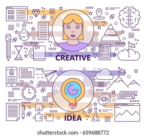 Vector set of creative idea concept banners. Modern thin line flat design elements, icons for web, marketing and printing.