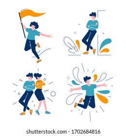 Vector set of creative illustration of business successful people on white background. Team of happy man and woman in casual clothes. Flat cartoon style design of people teamwork for web, site, banner