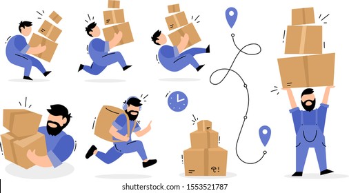 Vector set of creative illustration of delivery man in blue color uniform with box parcel in different poses on white background. Flat style design of delivery service for web, site, banner, poster