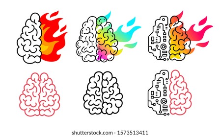 Vector set of creative illustration of different pink human brain with color flame of fire on white background. Line art style design of burning brain for web, site, banner, poster