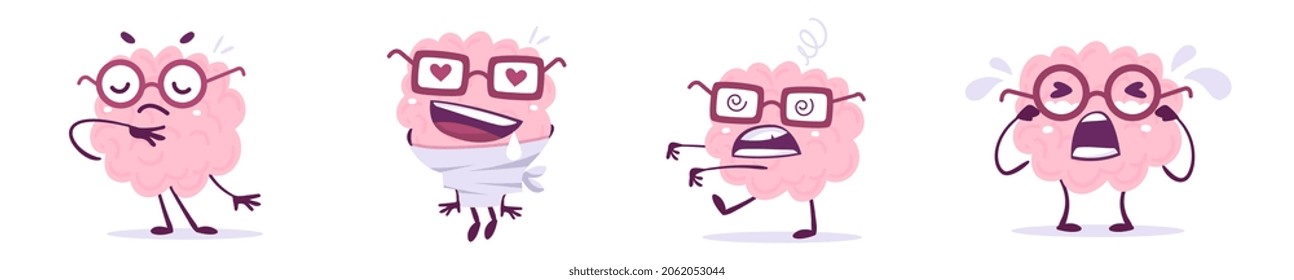 Vector set of creative illustration of emotional pink brain in glasses in different pose. Flat doodle style knowledge concept design of happy, crying, crazy and enamoured brain character