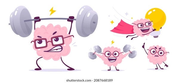 Conjunto vectorial de ilustración creativa del carácter cerebral emocional en una pose diferente. Diseño conceptual de conocimiento de estilo doodle plano de cerebro rosa feliz en gafas levantando peso y bombilla en blanco