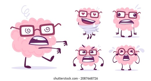 Vector set of creative illustration of emotional brain character in glasses. Flat doodle style knowledge concept design of happy, sad, fool and angry pink brain in different pose
