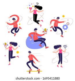 Vector set of creative illustration of happy man and woman on white background. Young smile people in casual clothes with smart phone, heart, skateboard, diamond. Flat cartoon style design of people