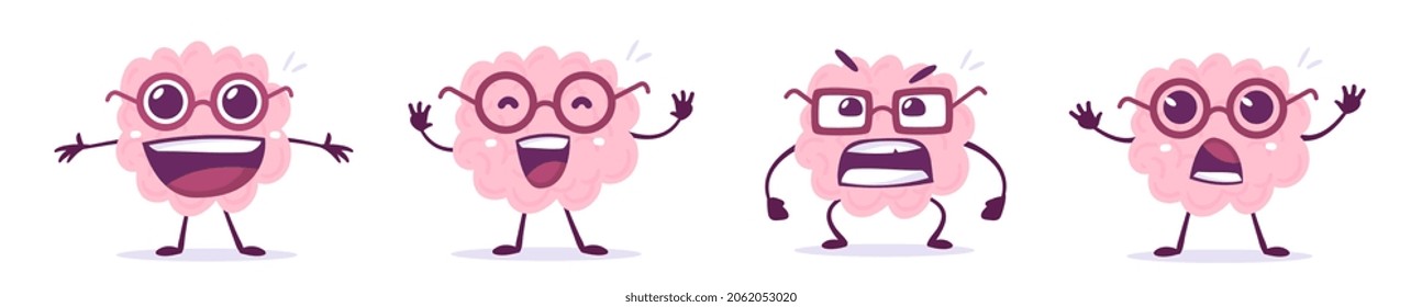 Vector set of creative illustration of happy and angry brain character in different pose. Flat doodle style knowledge concept design of emotional pink brain in glasses on white color background