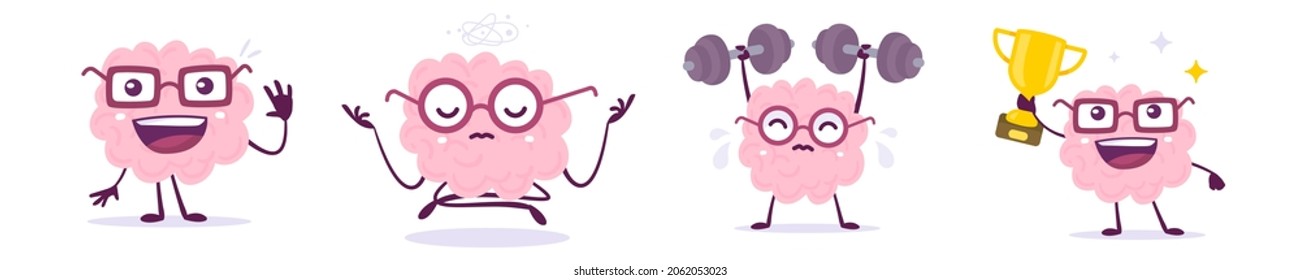 Vector set of creative illustration of happy pink brain in glasses in different pose on white color background. Flat doodle style knowledge concept design of happy brain character lifting weight