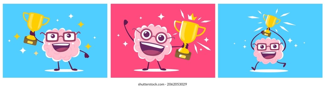 Vector set of creative illustration of happy champion pink brain in glasses with golden winner cup on color background. Flat doodle style knowledge concept design of happy human brain character