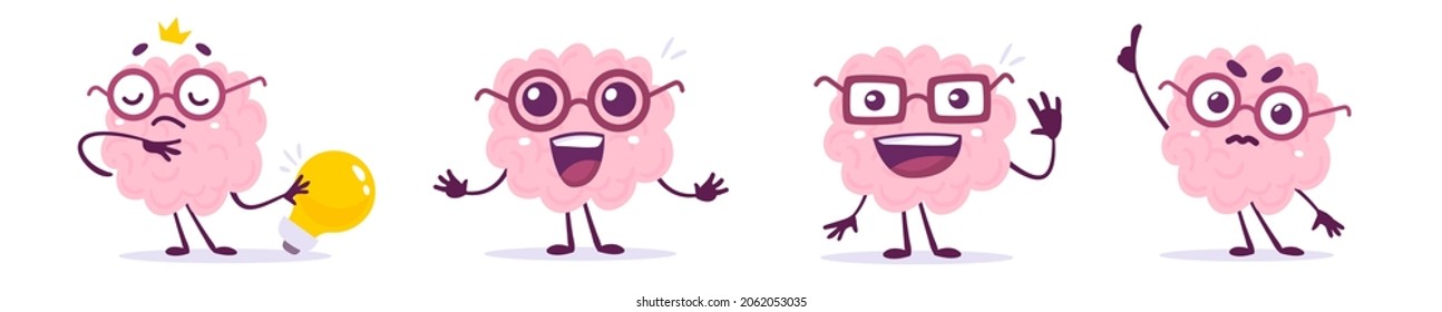 Vector set of creative illustration of happy, serious and dreaming brain character in different pose with light bulb. Flat doodle style knowledge concept design of emotional pink brain in glasses