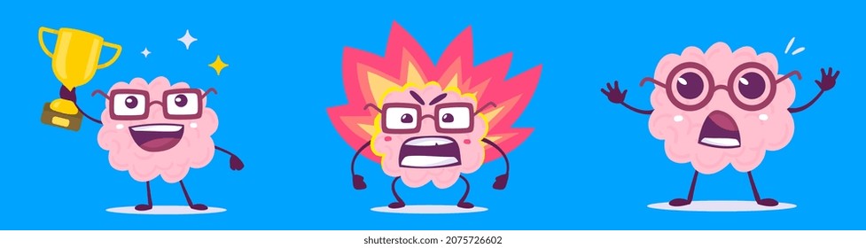 Vector set of creative illustration of happy and angry brain character in different pose. Flat doodle style knowledge concept design of emotional pink brain in glasses with golden cup and flame
