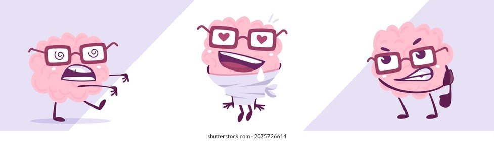 Vector set of creative illustration of happy and angry brain character in glasses. Flat doodle style knowledge concept design of emotional pink brain in different pose on color background
