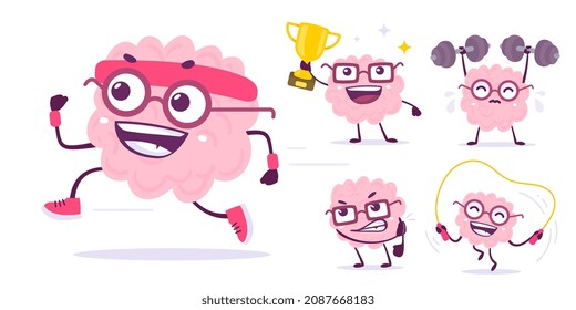 Vector set of creative illustration of happy and angry brain character in different pose. Flat doodle style knowledge concept design of emotional brain in glasses with golden cup and dumbbell on white