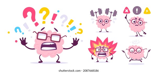 Vector set of creative illustration of happy pink brain in glasses in different pose and emotion. Flat doodle style knowledge concept design of happy and angry brain character lifting weight