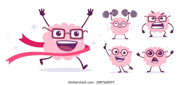 Vector set of creative illustration of happy brain character in different pose and emotion. Flat doodle style knowledge concept design of emotional pink brain in glasses running and lifting weight