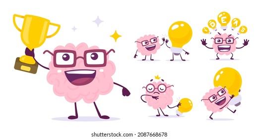 Vector set of creative illustration of happy champion pink brain in glasses with golden winner cup and light bulb on white color background. Flat doodle style knowledge concept design of happy brain