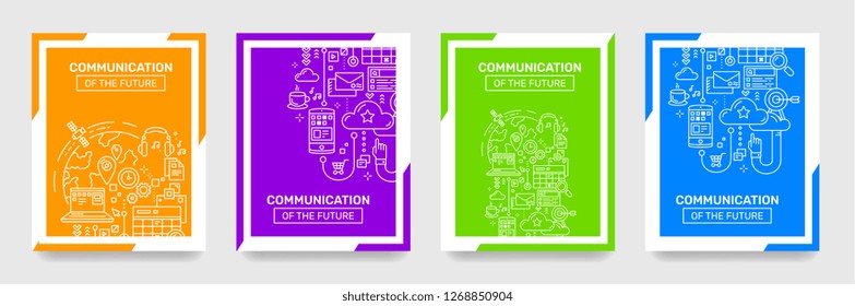 Vector Set Of Creative Illustration On Color Background. Communication Technology Concept With Header And Text. Flat Thin Line Art Style Template Design For Poster, Banner, Print