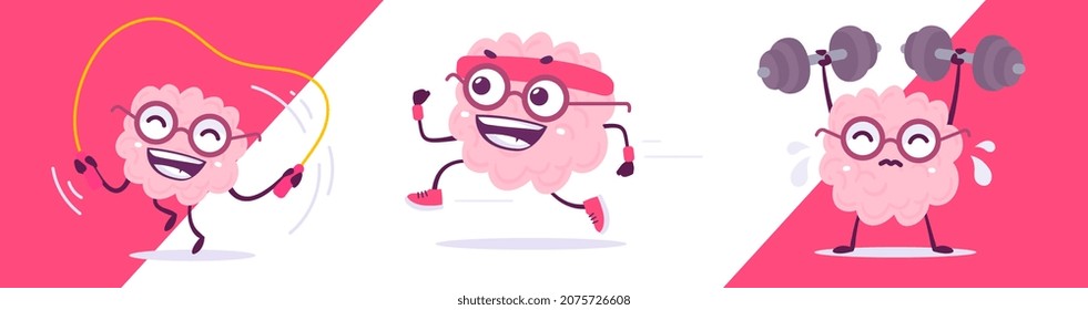 Vector set of creative illustration of sport happy brain character in different pose. Flat doodle style knowledge concept design of emotional pink brain in glasses with skipping rope and dumbbell