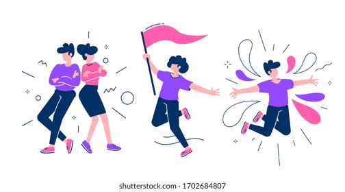 Vector set of creative illustration of team of happy man and woman in casual clothes. Business successful people on white background. Flat cartoon style design of people teamwork for web, site, banner