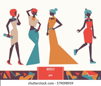 Vector set with creative low poly fashion girls in evening dresses in geometric graphic style, isolated on background. Stylish illustration with long and cocktail dresses. Women in various poses