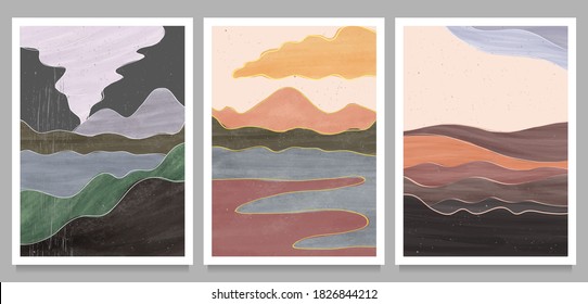 vector set of creative minimalist hand painted illustrations of Mid century modern. Natural abstract landscape background. mountain, sea, sky, sun and river