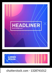 Vector set of creative pink and blue abstract horizontal retro futuristic illustration in frame with neon, fog, shape. Business gradient template composition with header. Abstraction background design