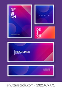 Vector set of creative pink and purple abstract different illustration in frame with bokeh. Template composition design for web, site, banner. Business gradient abstraction background with header