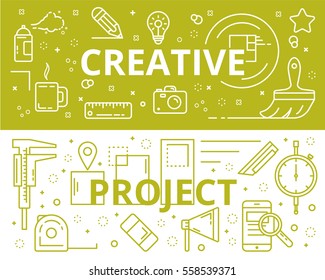 Vector set of Creative process and Project concept banners. Symbols and icons representing workflow of creating project. Thin line flat design elements for web, marketing, presentation and printing.