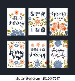 Vector set of  creative spring cards. Hand Drawn flowers, butterflies and lettering. Design for poster, card, invitation, placard, brochure, flyer. 