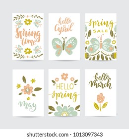 Vector set of  creative spring cards. Hand Drawn flowers, butterflies and lettering. Design for poster, card, invitation, placard, brochure, flyer. 
