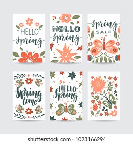 Vector set of  creative spring cards. Hand Drawn flowers, butterflies and lettering. Design for poster, card, invitation, placard, brochure, flyer. 