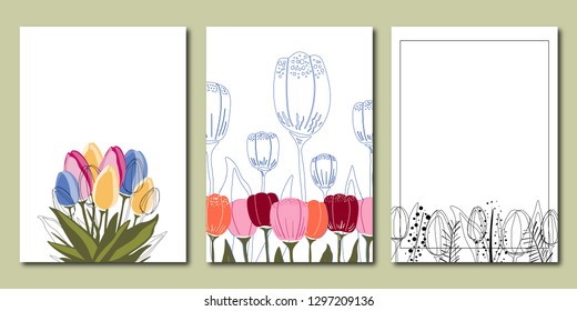 Vector set of creative spring universal floral cards with flat tulips.Design for poster, card, invitation, placard, brochure, flyer.In trendy colors on white background.