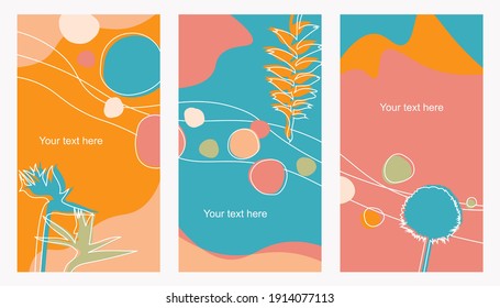 Vector set of creative templates with place for text. Organic shapes: flowers strelitzia, dandelion, branch with leaves. Modern contemporary design for prints, banners, brochures, social media post.