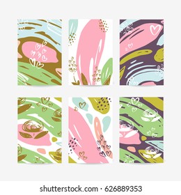 Vector set of creative universal summer and spring cards with flowers, hearts. Hand Drawn textures. Wedding, anniversary, birthday, Valentine's day, Mother's Day, party invitations.