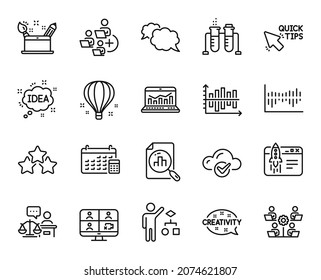 Vector set of Creativity, Algorithm and Messenger line icons set. Add team, Web analytics and Column diagram icons. Air balloon, Quick tips and Teamwork signs. Creativity web symbol. Vector