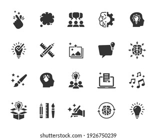 Vector set of creativity flat icons. Contains icons idea, brainstorm, thought, quick tips, inspiration, teamwork and more. Pixel perfect.