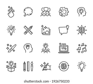 Vector set of creativity line icons. Contains icons idea, brainstorm, thought, quick tips, inspiration, teamwork and more. Pixel perfect. - Shutterstock ID 1926750233