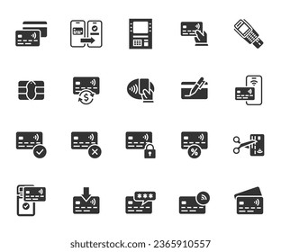 Vector set of credit card flat icons. Contains icons money transfer, card replenishment, chip, ATM, payment, cash back and more. Pixel perfect.