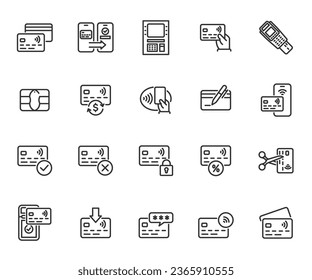Vector set of credit card line icons. Contains icons money transfer, card replenishment, chip, ATM, payment, cash back and more. Pixel perfect.